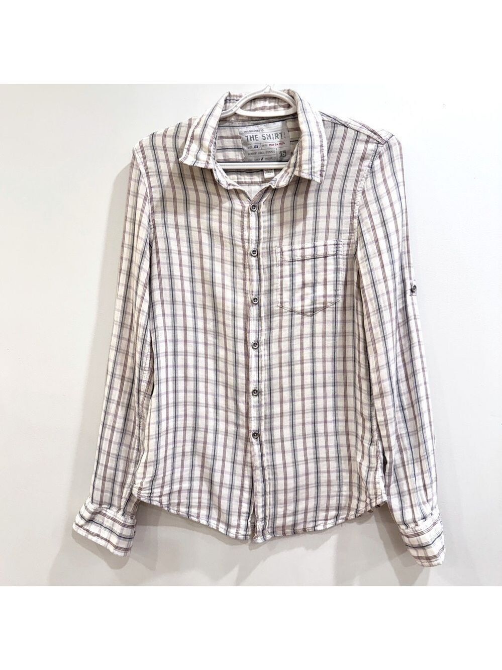 White and Gray Casual Button Down Shirt with Checkered Pattern